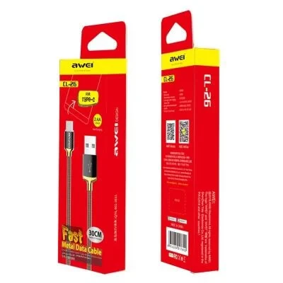 awei CL-26 0.3m 2.4A USB to USB-C / Type-C Metal Fast Charging Cable